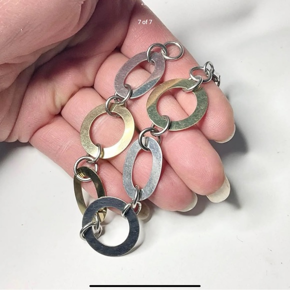 Sterling Silver Italy Large Flat Links Bracelet 7.5” 2Tone Silver - Picture 7 of 7